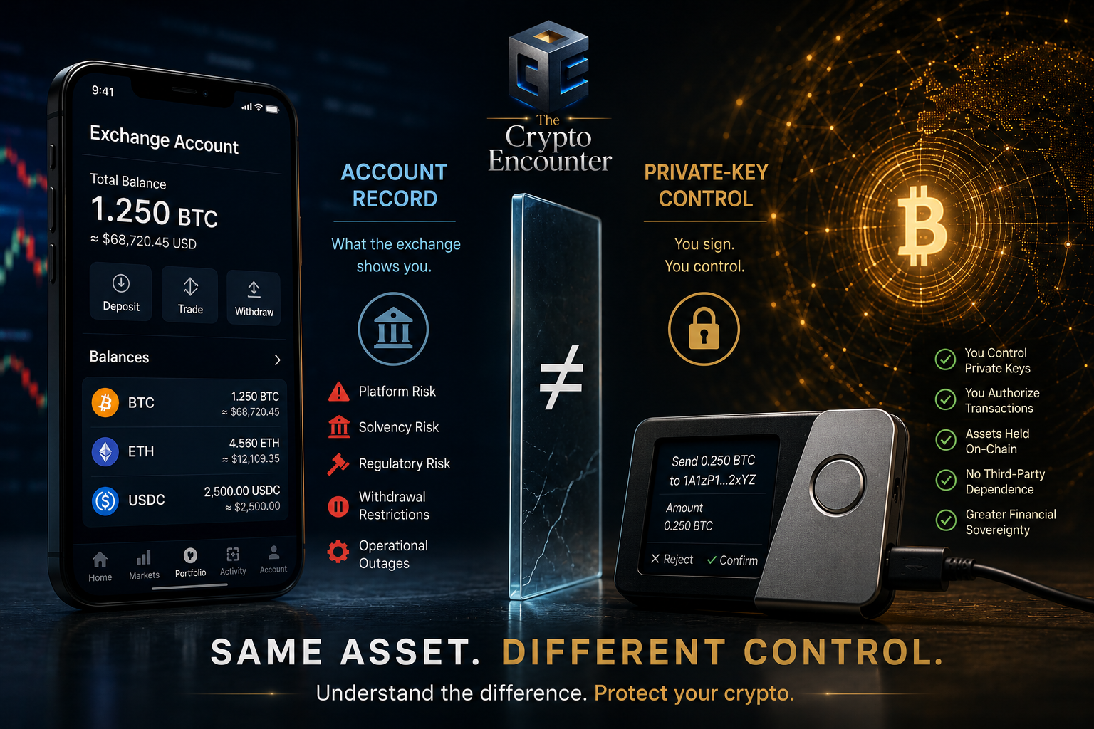 A crypto exchange balance on a smartphone beside a self-custody hardware wallet, showing the difference between account access and direct crypto control.