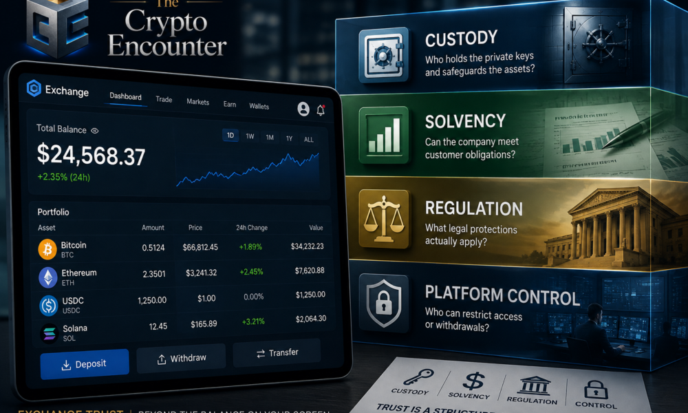 Exchange trust infographic showing crypto custody, solvency, regulation, platform control, and user access risks on a centralized exchange.