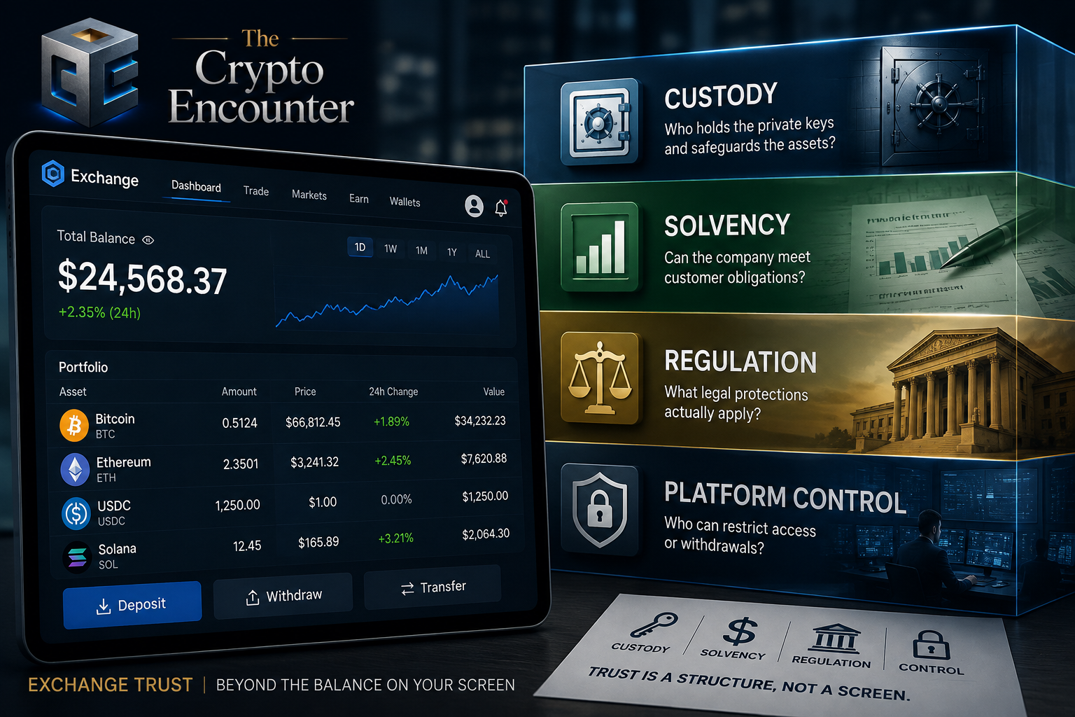 Exchange trust infographic showing crypto custody, solvency, regulation, platform control, and user access risks on a centralized exchange.