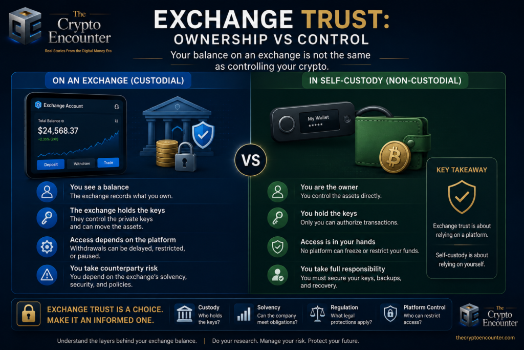 Exchange trust infographic comparing custodial exchange ownership and control with self-custody, private keys, withdrawals, and platform risk.