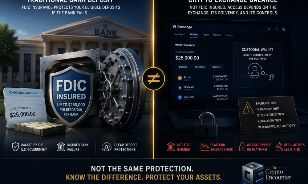 FDIC myth in crypto infographic comparing an FDIC-insured traditional bank deposit with a crypto exchange balance exposed to custody, solvency, cybersecurity, regulatory, and withdrawal risks.