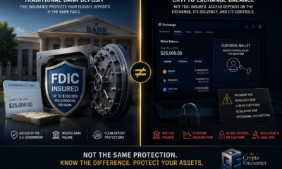 FDIC myth in crypto infographic comparing an FDIC-insured traditional bank deposit with a crypto exchange balance exposed to custody, solvency, cybersecurity, regulatory, and withdrawal risks.