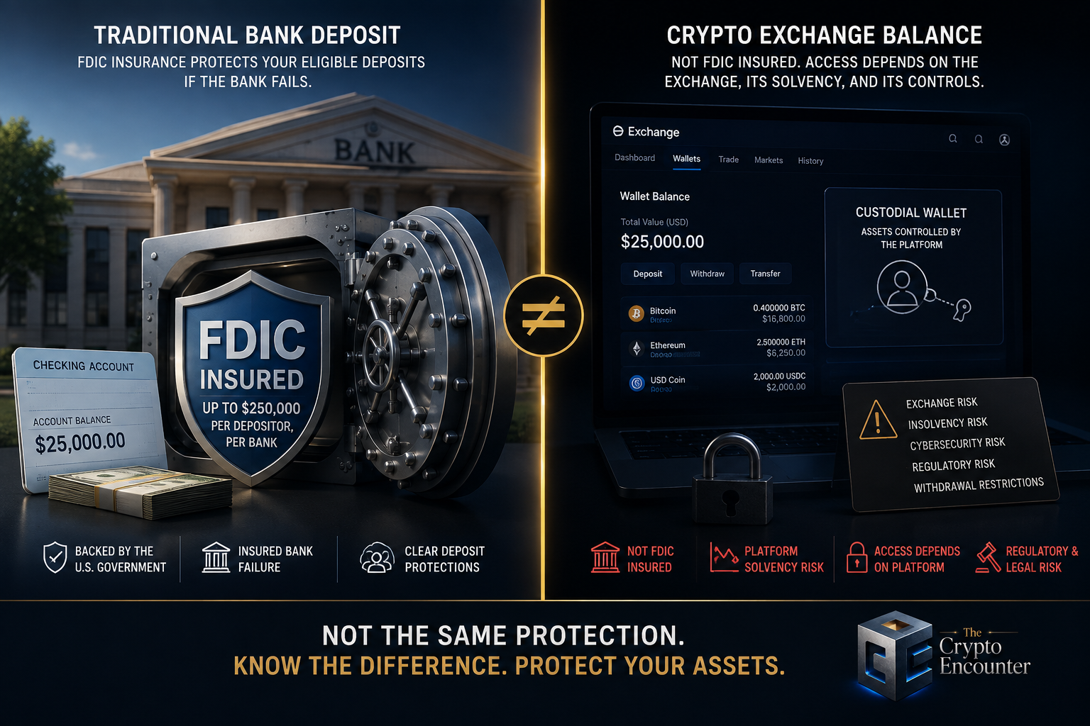 FDIC myth in crypto infographic comparing an FDIC-insured traditional bank deposit with a crypto exchange balance exposed to custody, solvency, cybersecurity, regulatory, and withdrawal risks.