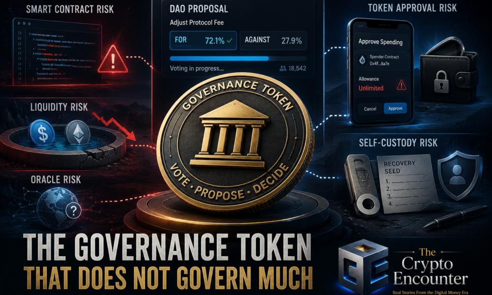 Governance token connected to DAO voting while smart contract, liquidity, token approval, oracle, and self-custody risks remain outside its control.