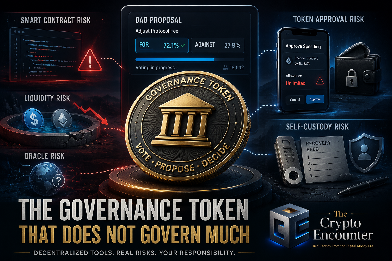 Governance token connected to DAO voting while smart contract, liquidity, token approval, oracle, and self-custody risks remain outside its control.