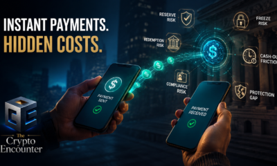 Hidden cost of instant crypto payments showing stablecoin transfers, reserve risk, freeze risk, compliance checks, and cash-out friction