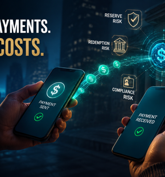 Hidden cost of instant crypto payments showing stablecoin transfers, reserve risk, freeze risk, compliance checks, and cash-out friction