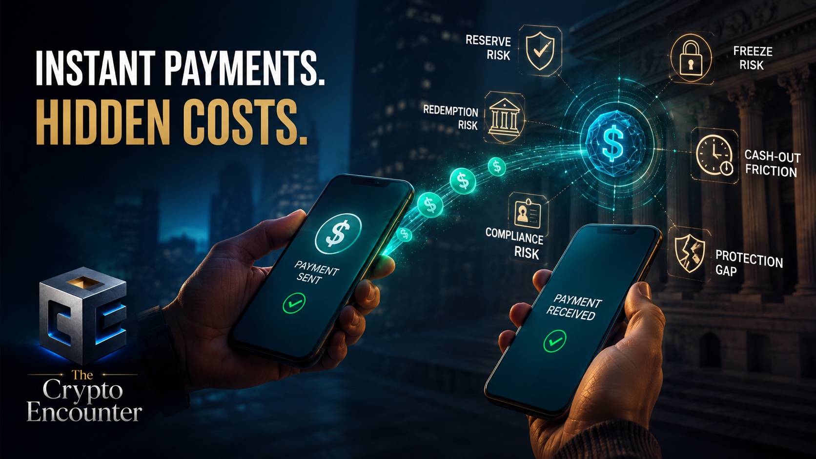 Hidden cost of instant crypto payments showing stablecoin transfers, reserve risk, freeze risk, compliance checks, and cash-out friction