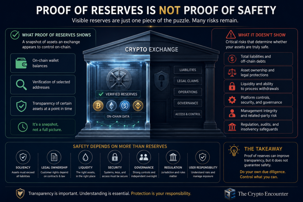 Infographic comparing what proof of reserves reveals versus what it cannot verify, including liabilities, legal ownership, liquidity, governance, regulation, and crypto exchange custody risks.