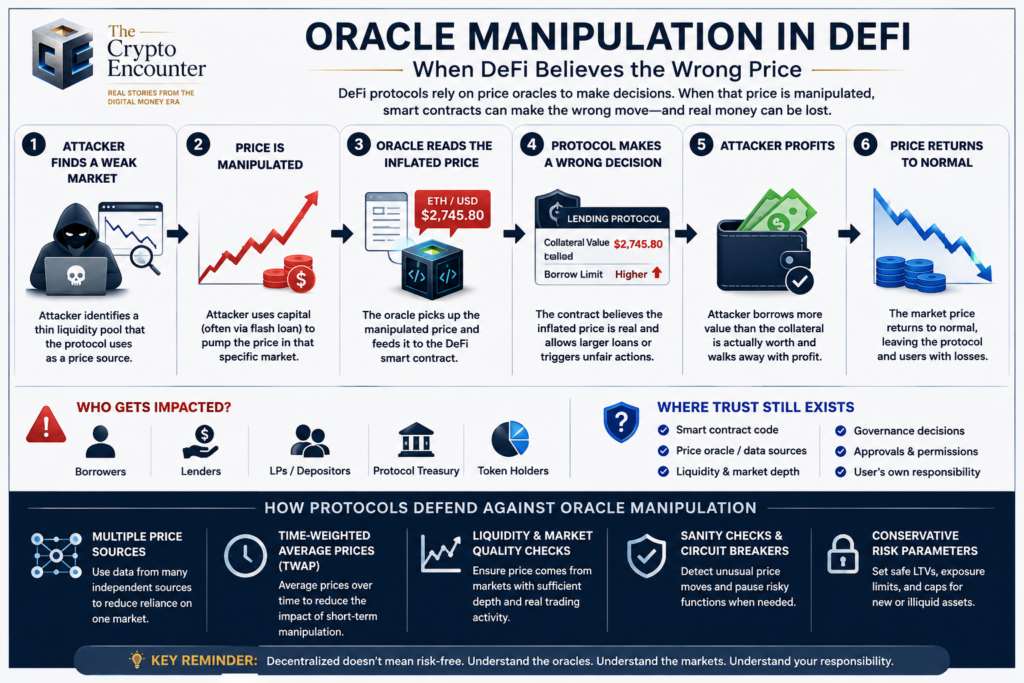Oracle manipulation in DeFi infographic showing how a manipulated price feed can cause smart contracts to make incorrect lending and liquidation decisions.