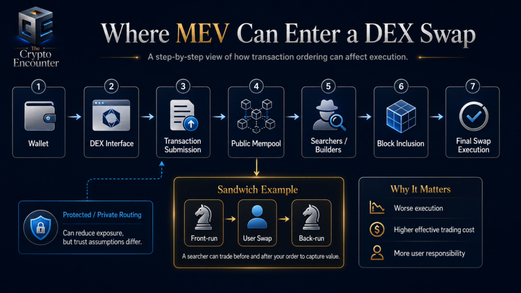 MEV flow diagram showing how a DEX swap moves from wallet and transaction submission through the public mempool, searchers, block inclusion, and final execution.