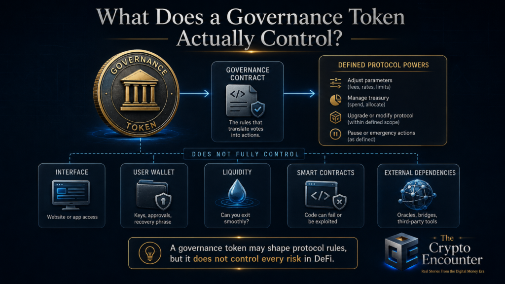 Governance token flow diagram showing defined protocol powers alongside interface, wallet, liquidity, smart contract, and external dependency risks it does not fully control.