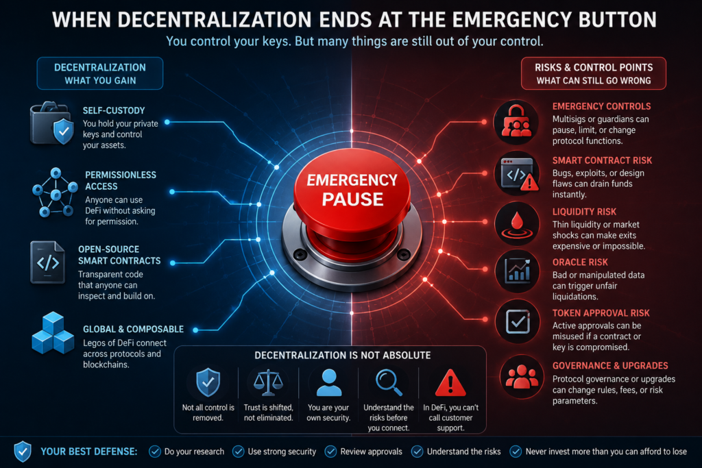 DeFi infographic comparing the benefits of decentralization with emergency controls, smart contract risk, liquidity risk, oracle risk, token approvals, and governance risk.