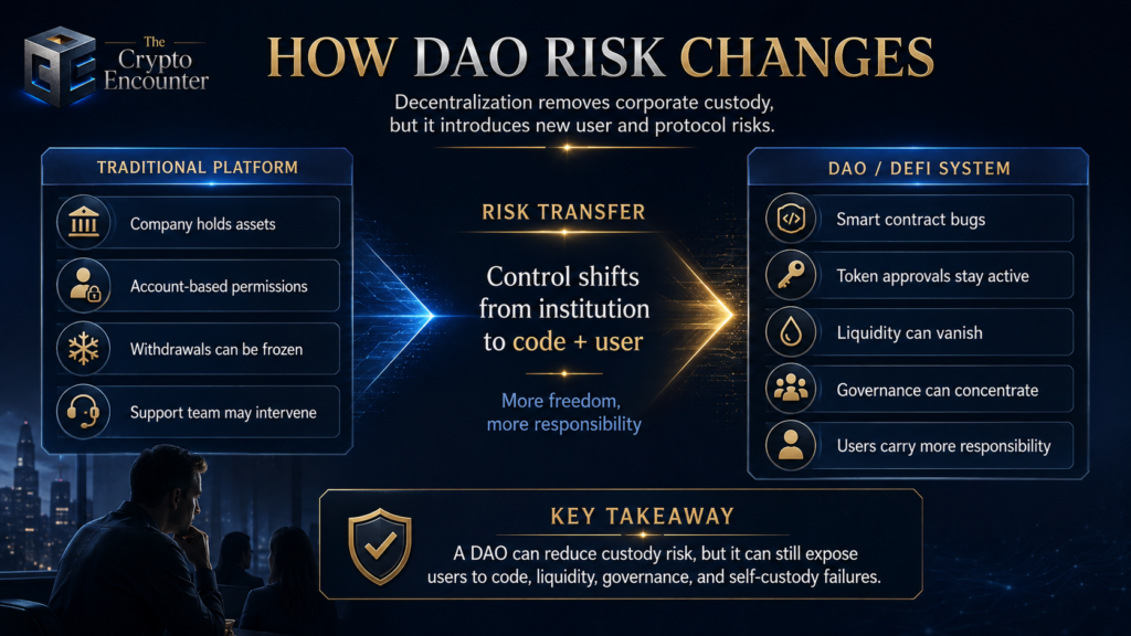 DAO risk comparison showing how decentralized finance shifts control from companies to smart contracts and users, introducing liquidity, governance, approval, and self-custody risks.