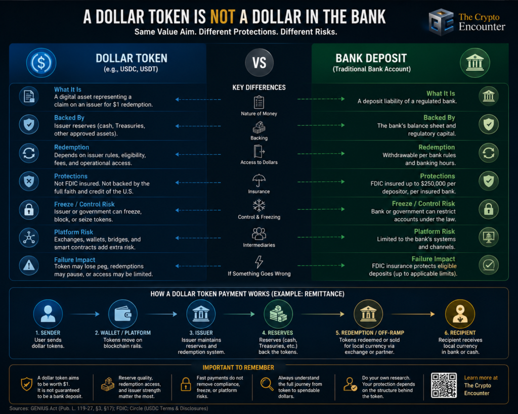 Dollar token vs bank deposit infographic comparing reserves, redemption, FDIC insurance, freeze controls, platform risks, and remittance payment flow.