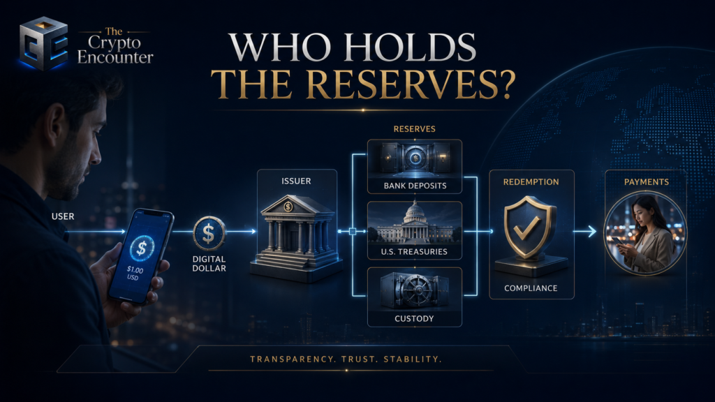 Stablecoin reserve flow showing a user, digital dollar issuer, bank deposits, U.S. Treasuries, custody, redemption, compliance, and payments.