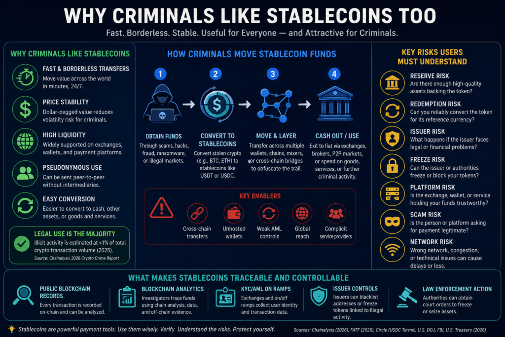 Infographic explaining why criminals like stablecoins, how illicit stablecoin funds can move, key user risks, and how blockchain tracing and issuer controls help track funds.