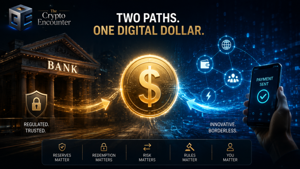 Stablecoin war supporting visual showing banks and crypto firms as two paths for digital dollars, with reserves, redemption, risk, and regulation highlighted.