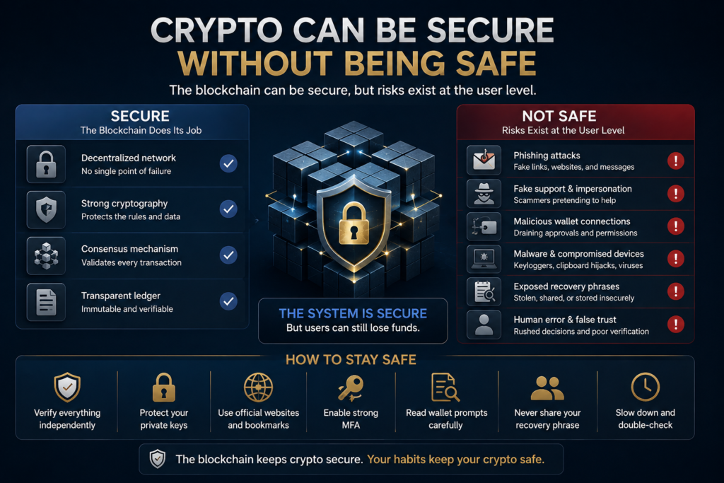 Infographic comparing blockchain security with crypto safety, showing that while blockchains remain technically secure, users can still lose funds through phishing, fake support, malicious wallet connections, malware, exposed recovery phrases, and human error.
