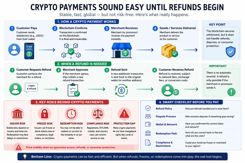 Crypto payments infographic showing how stablecoin payments and refunds work, with issuer, freeze, redemption, compliance, and consumer protection risks.