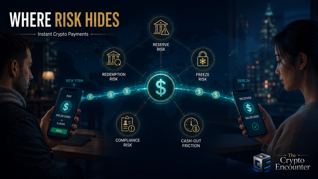 Instant crypto payments supporting visual showing reserve risk, redemption risk, freeze risk, compliance checks, and cash-out friction