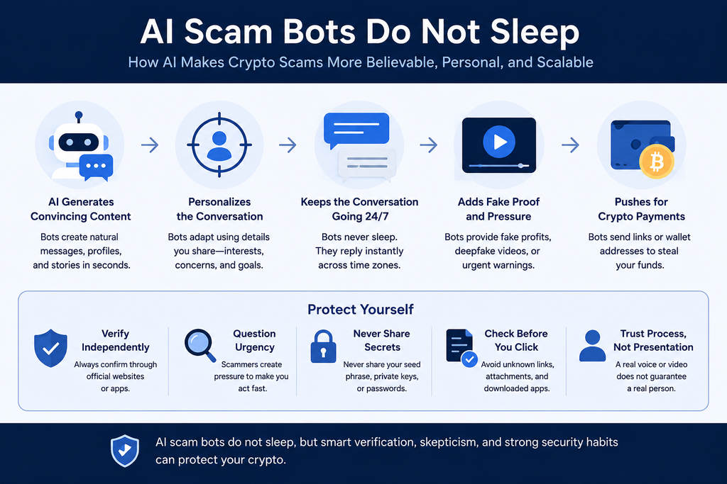 AI scam bots infographic showing how AI creates convincing crypto scams, personalizes conversations, adds fake proof, pressures users, and pushes crypto payments.