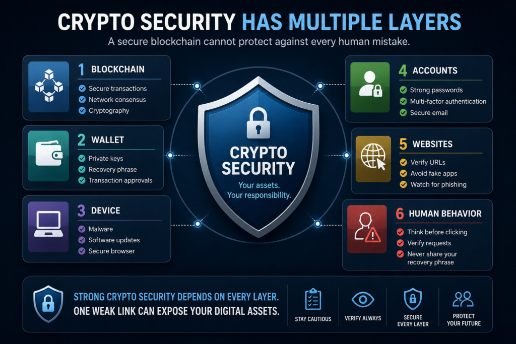 Crypto security infographic illustrating the six essential security layers: blockchain, wallet, device, accounts, websites, and human behavior, showing how one weak link can expose digital assets