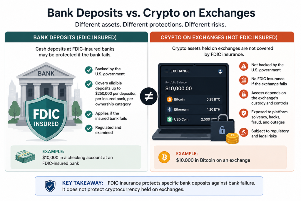 FDIC myth in crypto infographic comparing FDIC-insured bank deposits with cryptocurrency held on exchanges and the different protections and risks involved.