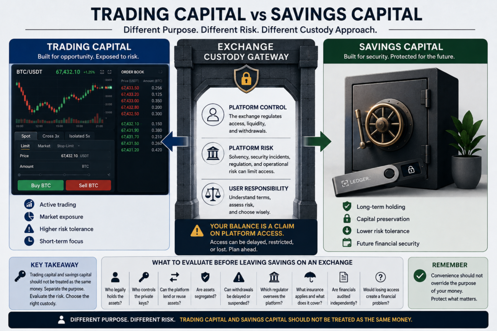 Trading capital vs savings capital infographic comparing active crypto trading, exchange custody risk, platform control, and long-term asset preservation.