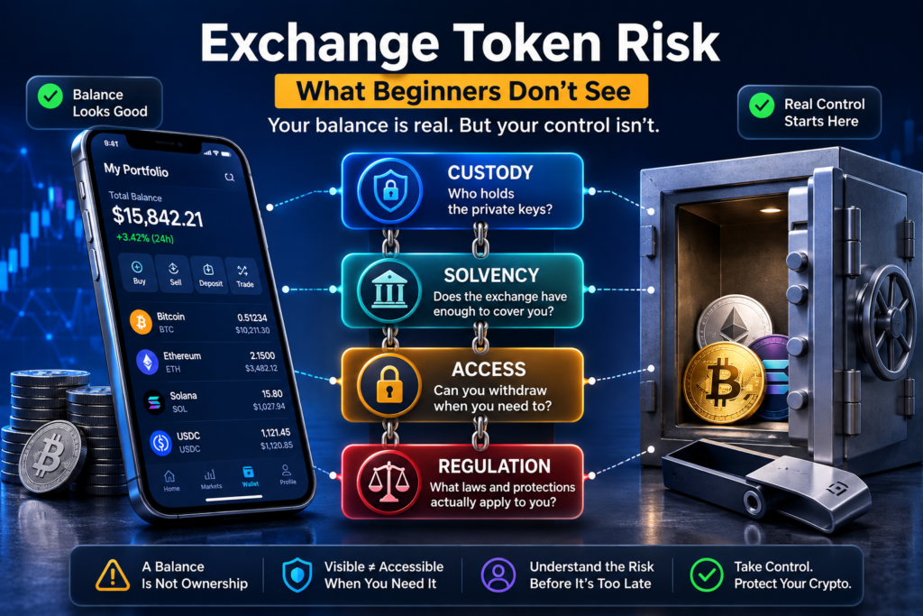 Exchange token risk infographic showing custody, solvency, access, and regulation between a crypto exchange balance and self-custody.