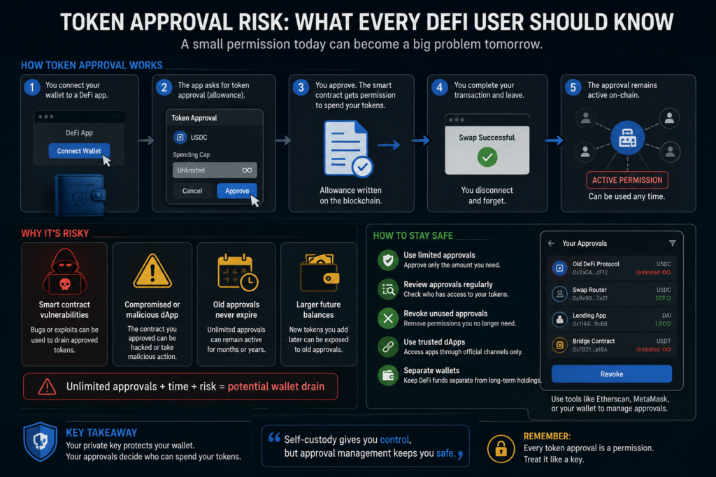 Infographic explaining token approval risk, how DeFi permissions remain active, and how users can review and revoke old approvals.