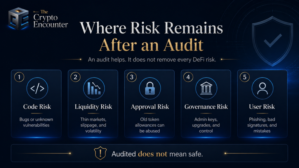 Supporting visual showing why audited does not mean safe in DeFi, with code risk, liquidity risk, approval risk, governance risk, and user risk remaining after an audit.