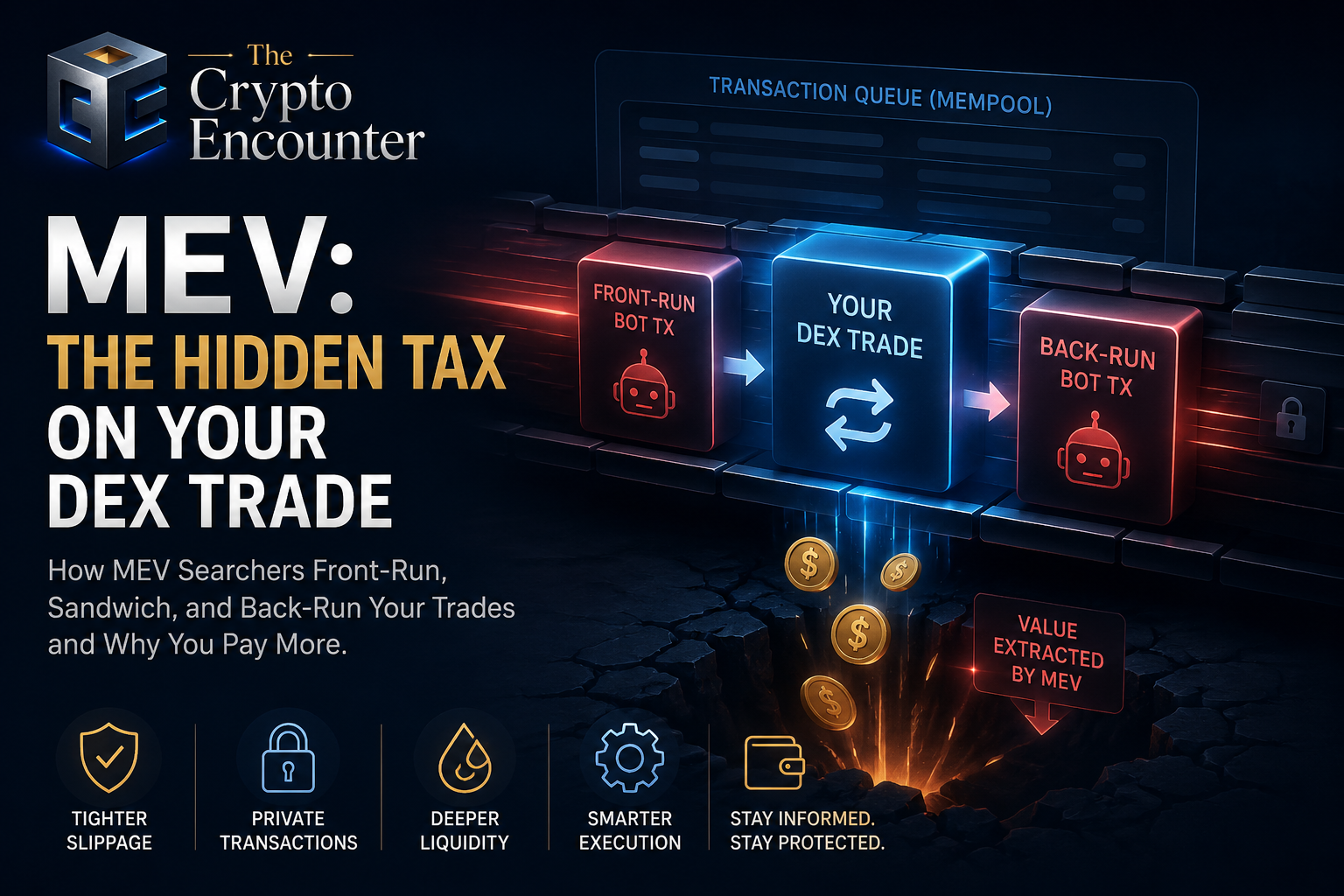 MEV sandwich attack showing front-running and back-running around a user's DEX trade in a blockchain transaction queue.