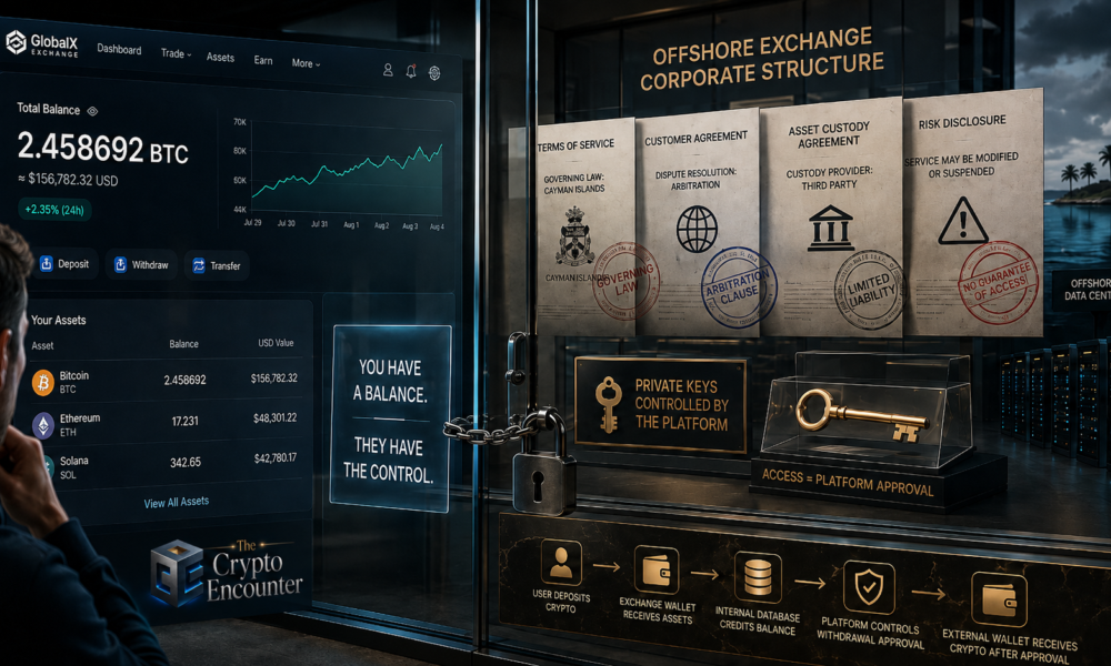 The offshore exchange problem illustrated through a crypto exchange balance separated from private keys, custody agreements, withdrawal controls, and offshore servers.