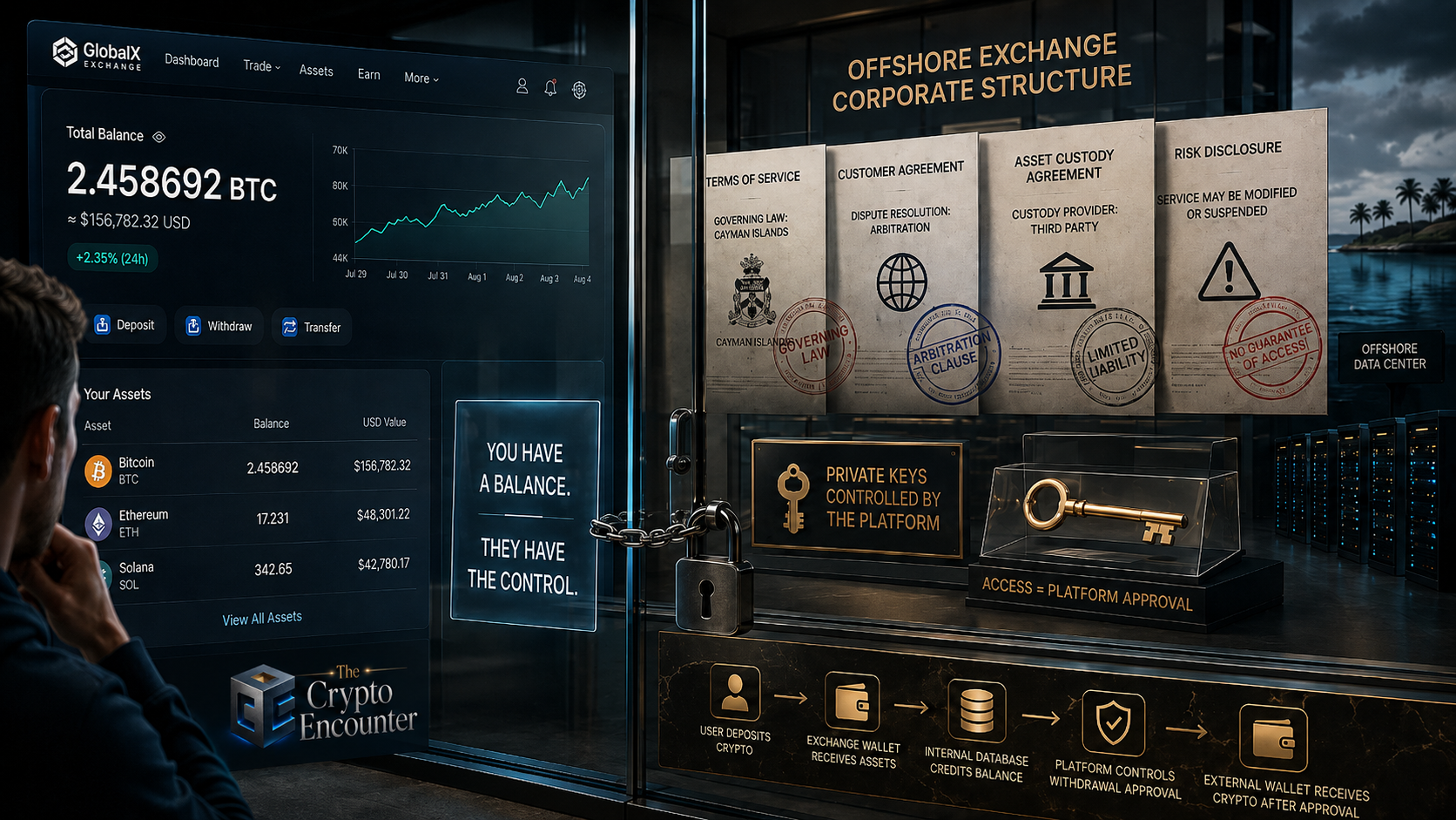 The offshore exchange problem illustrated through a crypto exchange balance separated from private keys, custody agreements, withdrawal controls, and offshore servers.