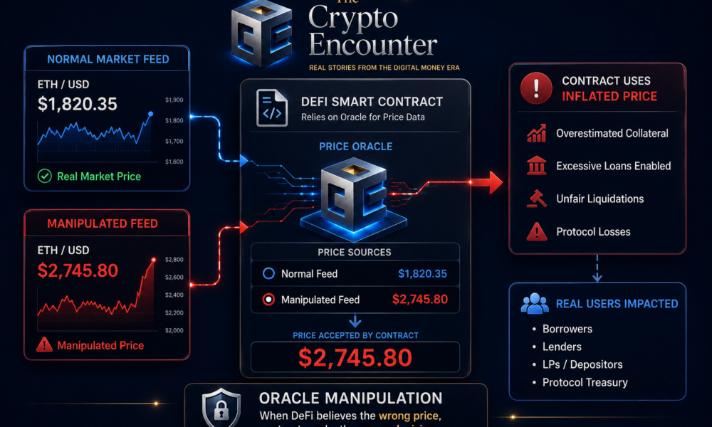 Oracle manipulation infographic showing a DeFi smart contract accepting a manipulated ETH price instead of the real market price.