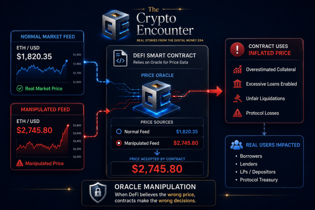 Oracle manipulation infographic showing a DeFi smart contract accepting a manipulated ETH price instead of the real market price.