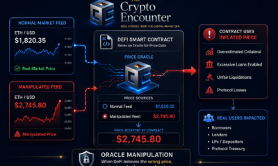 Oracle manipulation infographic showing a DeFi smart contract accepting a manipulated ETH price instead of the real market price.