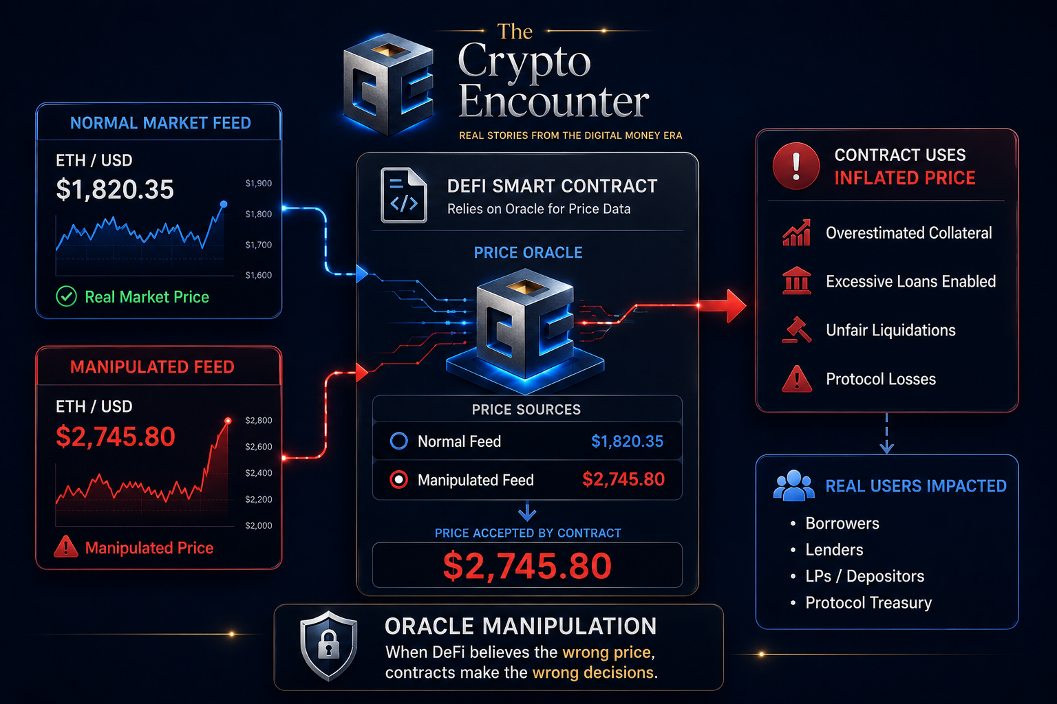 Oracle manipulation infographic showing a DeFi smart contract accepting a manipulated ETH price instead of the real market price.