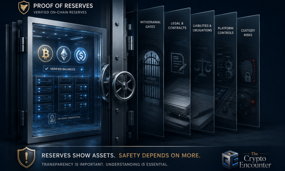 Proof of reserves dashboard contrasted with crypto exchange custody, liabilities, withdrawal controls, and security risks