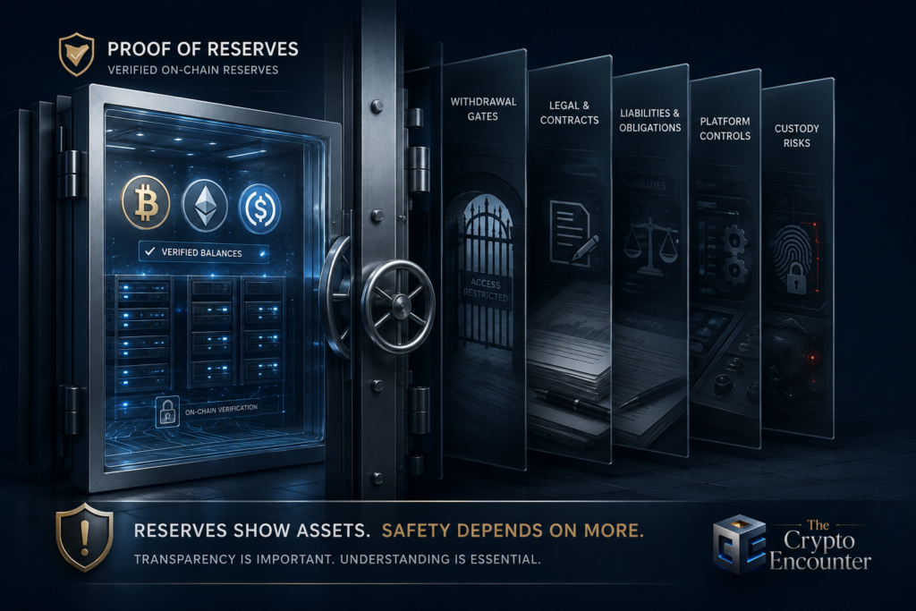 Proof of reserves dashboard contrasted with crypto exchange custody, liabilities, withdrawal controls, and security risks