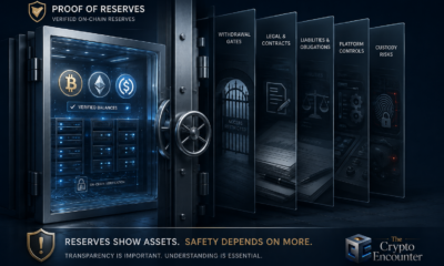 Proof of reserves dashboard contrasted with crypto exchange custody, liabilities, withdrawal controls, and security risks