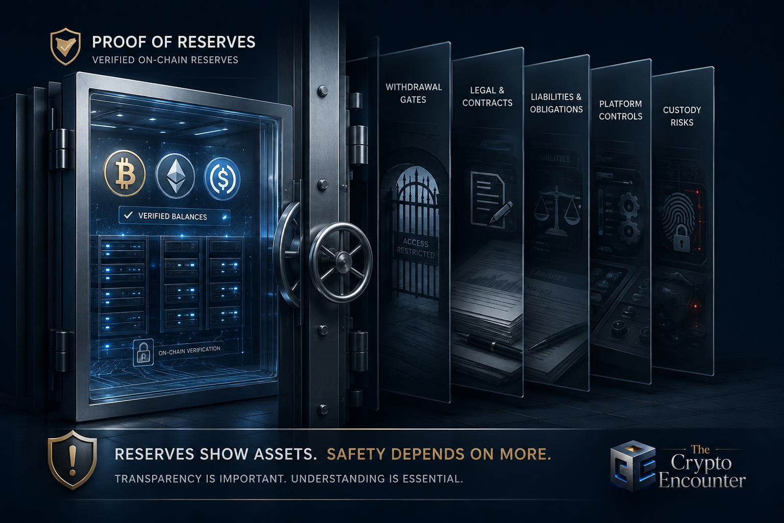 Proof of reserves dashboard contrasted with crypto exchange custody, liabilities, withdrawal controls, and security risks