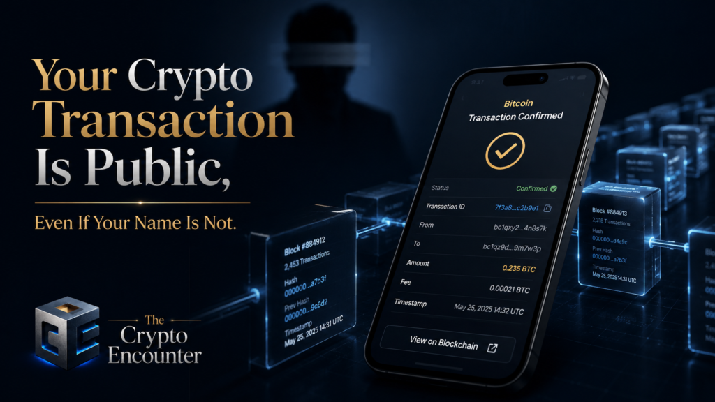 A Bitcoin transaction shown on a smartphone beside a public blockchain ledger and an obscured wallet owner.