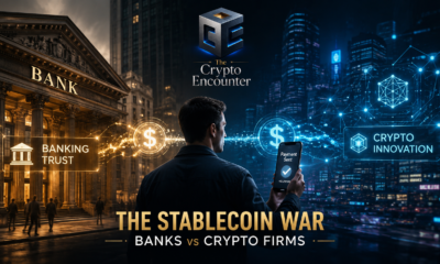 The stablecoin war between banks and crypto firms showing a consumer between traditional banking and blockchain-based digital payments.