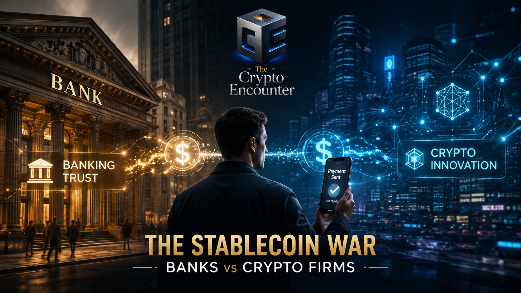 The stablecoin war between banks and crypto firms showing a consumer between traditional banking and blockchain-based digital payments.