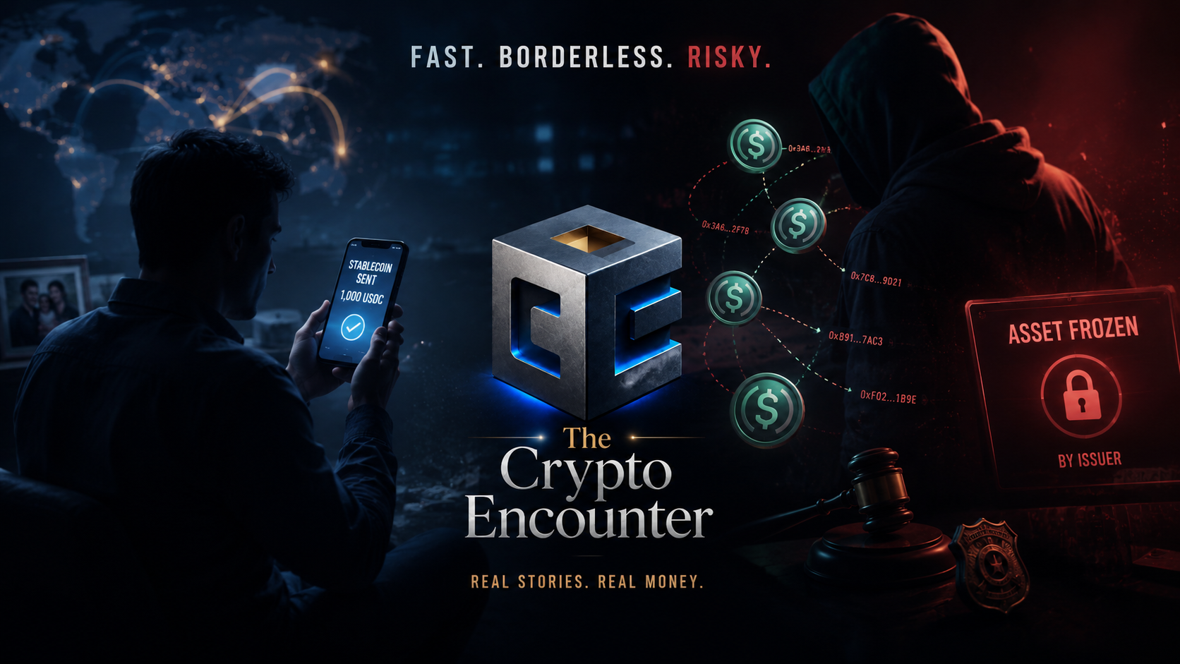 Why criminals like stablecoins featured image showing a user sending USDC, blockchain transactions, criminal activity, and an issuer asset freeze.