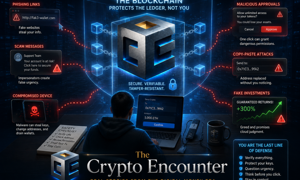 The Blockchain Was Never Your Bodyguard infographic showing phishing links, scam messages, malicious wallet approvals, compromised devices, fake investments, and copy-paste attacks around The Crypto Encounter logo.