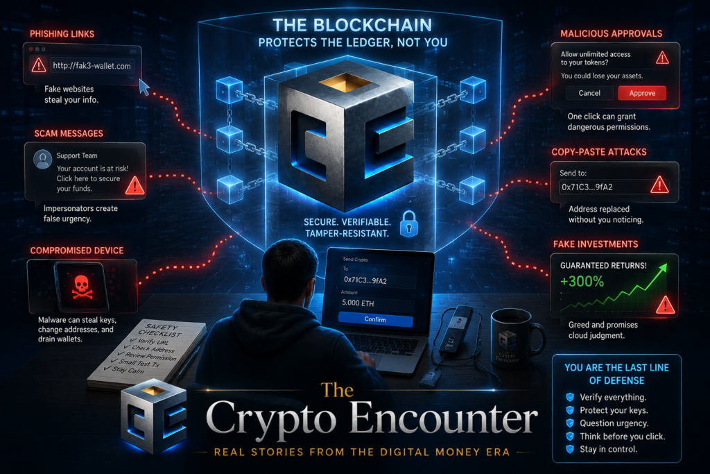 The Blockchain Was Never Your Bodyguard infographic showing phishing links, scam messages, malicious wallet approvals, compromised devices, fake investments, and copy-paste attacks around The Crypto Encounter logo.