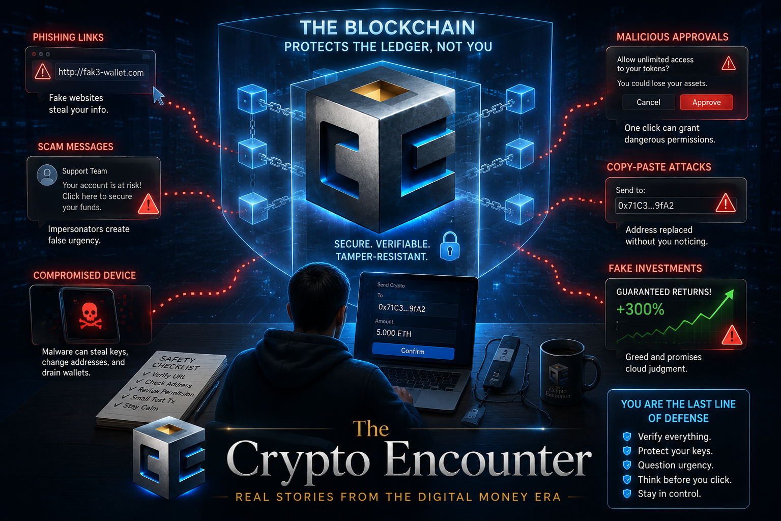 The Blockchain Was Never Your Bodyguard infographic showing phishing links, scam messages, malicious wallet approvals, compromised devices, fake investments, and copy-paste attacks around The Crypto Encounter logo.